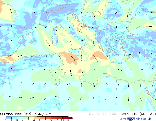 Surface wind (bft) CMC/GEM Su 29.09.2024 12 UTC