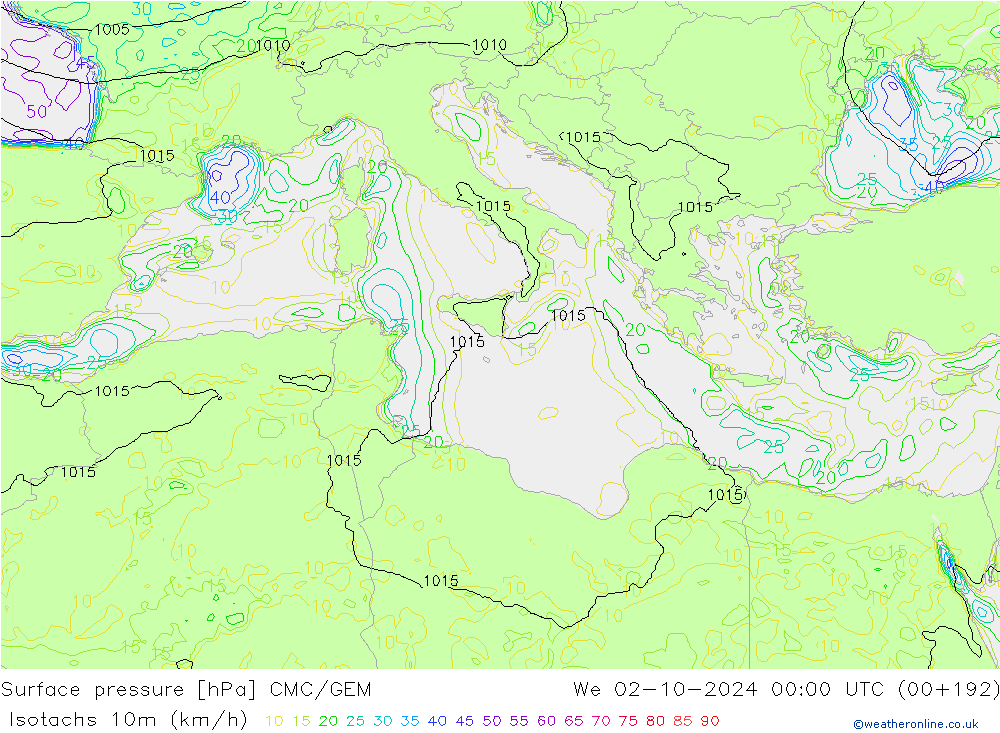 Izotacha (km/godz) CMC/GEM śro. 02.10.2024 00 UTC