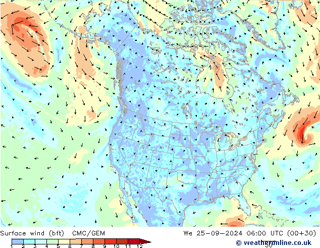 ве�Bе�@ 10 m (bft) CMC/GEM ср 25.09.2024 06 UTC