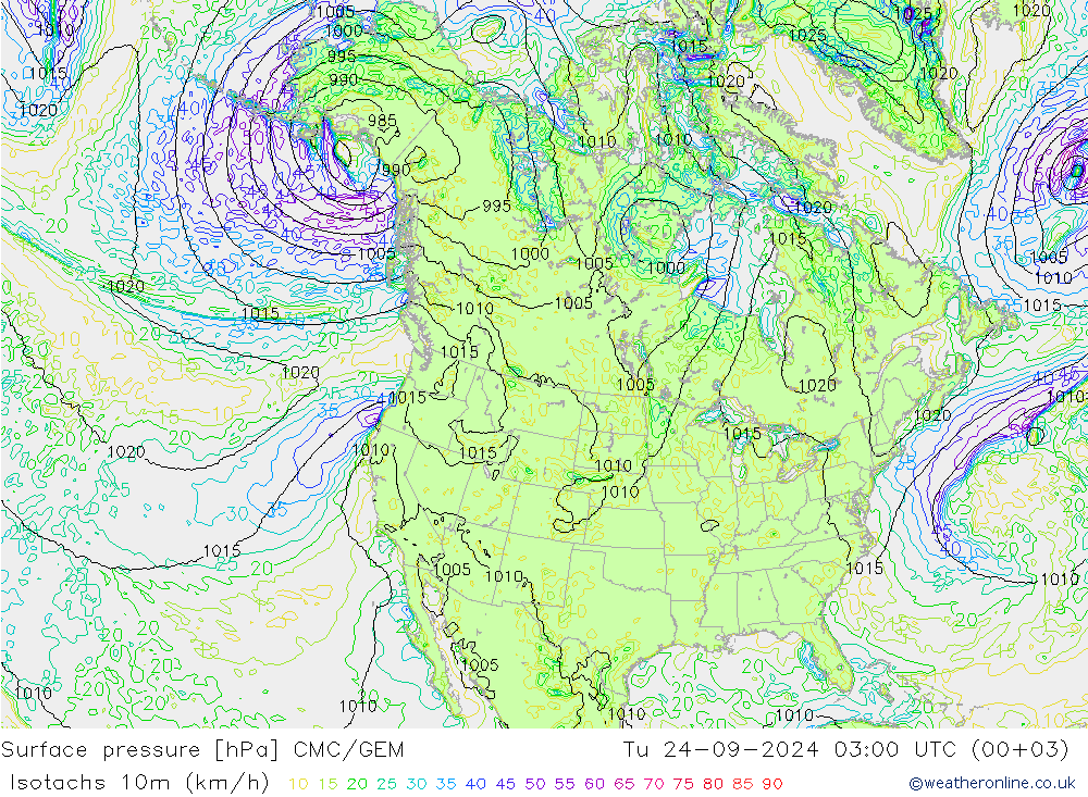 Isotachs (kph) CMC/GEM mar 24.09.2024 03 UTC