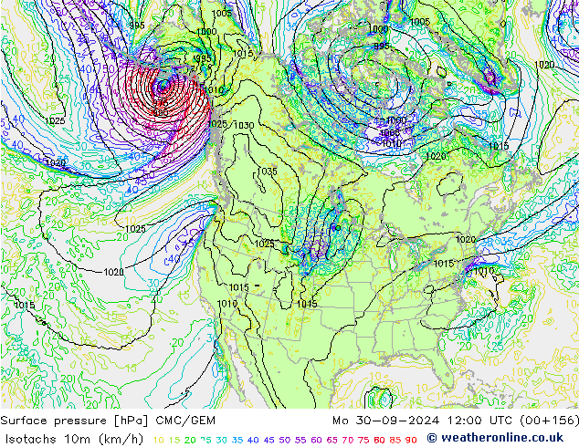 Isotachs (kph) CMC/GEM Mo 30.09.2024 12 UTC