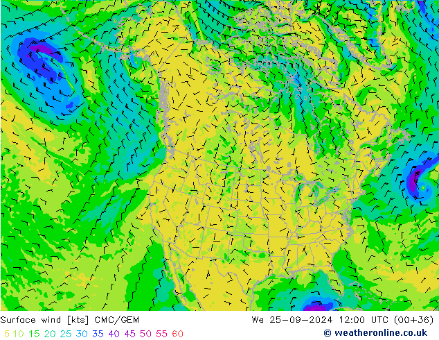 Vento 10 m CMC/GEM Qua 25.09.2024 12 UTC