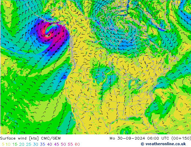 Vento 10 m CMC/GEM lun 30.09.2024 06 UTC