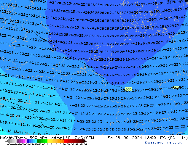 Height/Temp. 500 hPa CMC/GEM Sa 28.09.2024 18 UTC