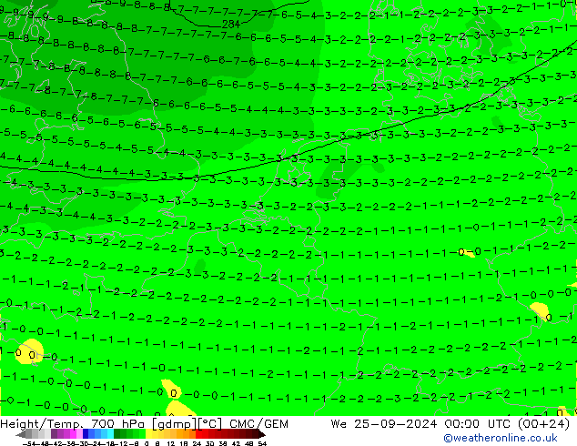 Height/Temp. 700 hPa CMC/GEM Mi 25.09.2024 00 UTC