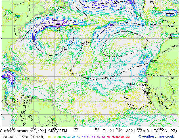 Isotachs (kph) CMC/GEM mar 24.09.2024 03 UTC