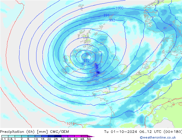 Precipitation (6h) CMC/GEM Tu 01.10.2024 12 UTC