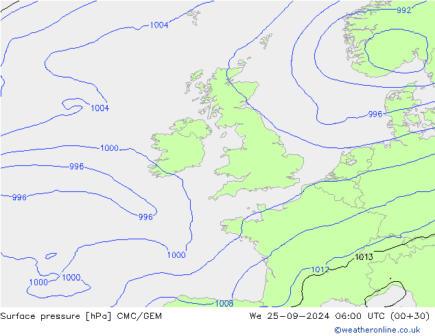 Atmosférický tlak CMC/GEM St 25.09.2024 06 UTC