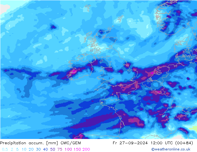 Precipitation accum. CMC/GEM Fr 27.09.2024 12 UTC