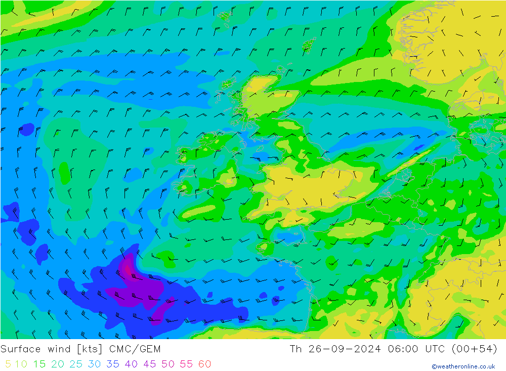 ветер 10 m CMC/GEM чт 26.09.2024 06 UTC
