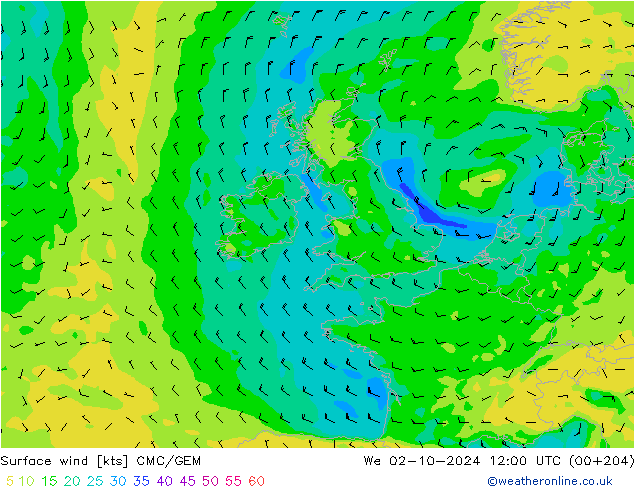 Vento 10 m CMC/GEM mer 02.10.2024 12 UTC