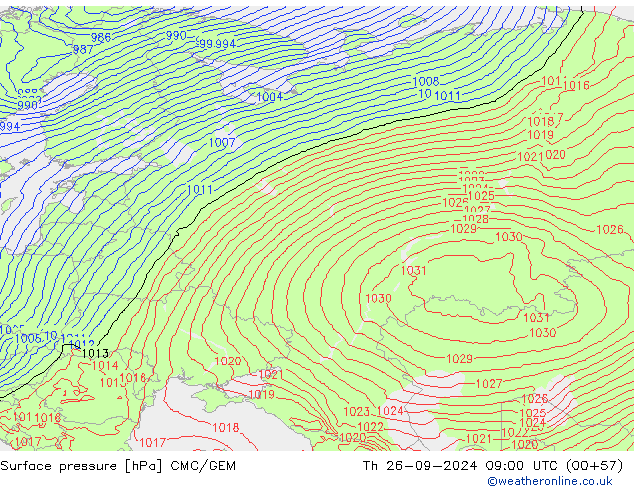 Surface pressure CMC/GEM Th 26.09.2024 09 UTC