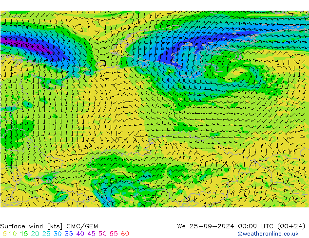 Rüzgar 10 m CMC/GEM Çar 25.09.2024 00 UTC