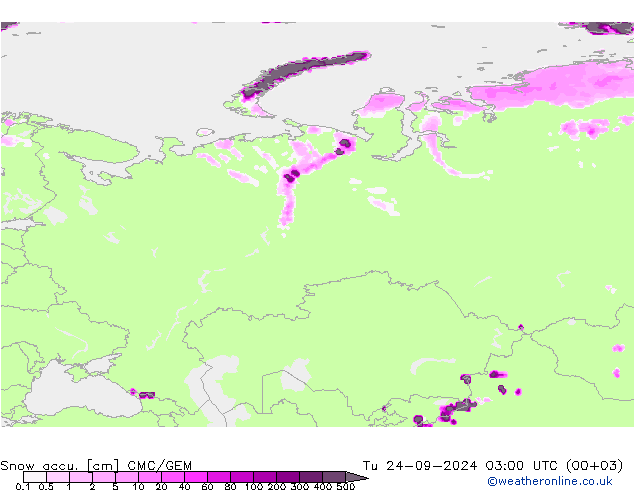 Snow accu. CMC/GEM Tu 24.09.2024 03 UTC