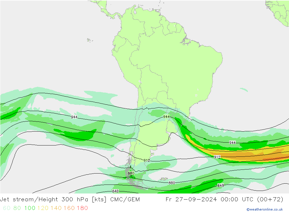 Jet stream/Height 300 hPa CMC/GEM Fr 27.09.2024 00 UTC