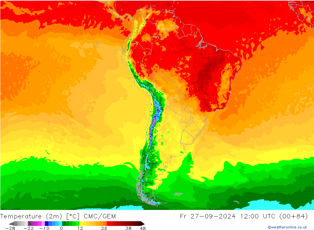 Temperatuurkaart (2m) CMC/GEM vr 27.09.2024 12 UTC