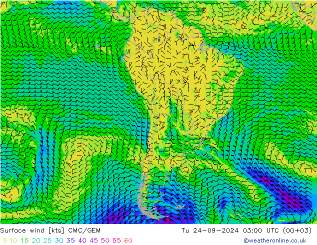 Viento 10 m CMC/GEM mar 24.09.2024 03 UTC