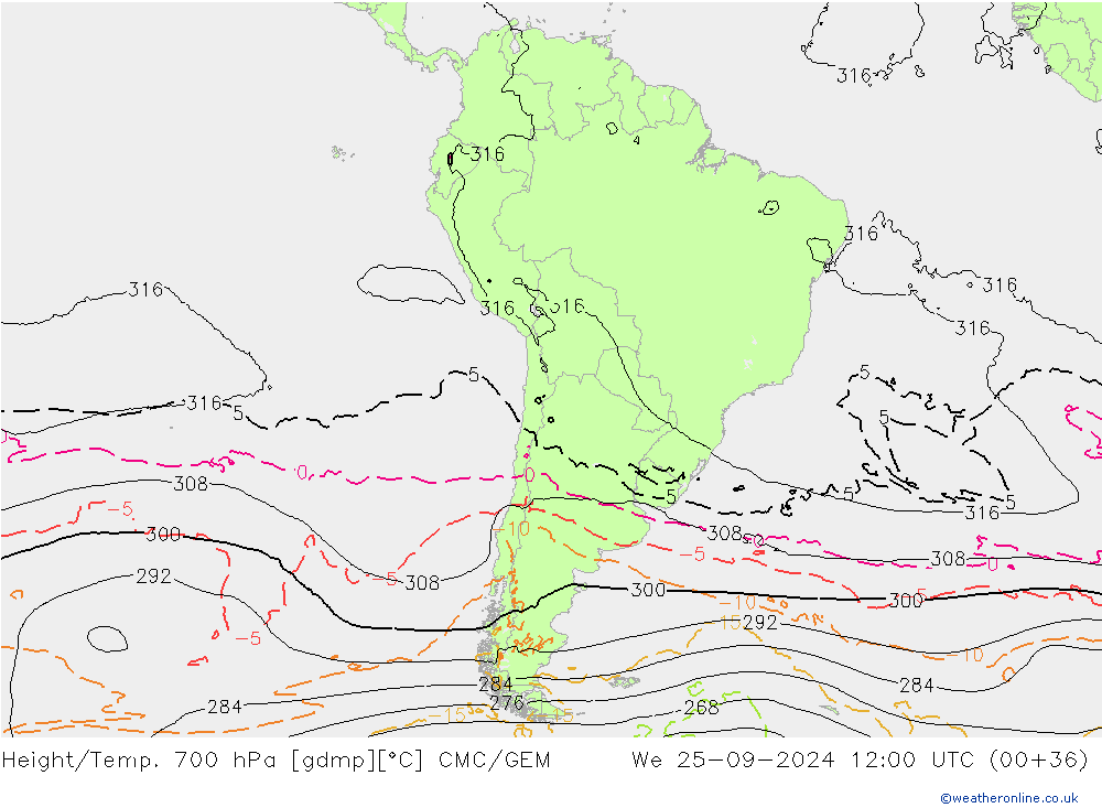 Géop./Temp. 700 hPa CMC/GEM mer 25.09.2024 12 UTC