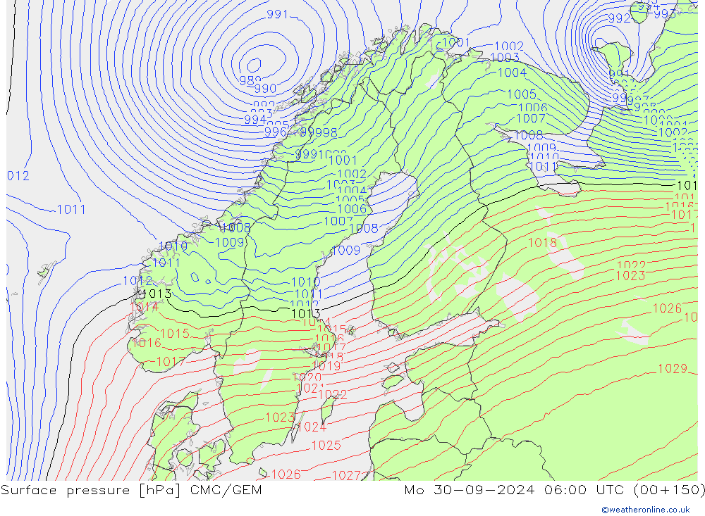 Atmosférický tlak CMC/GEM Po 30.09.2024 06 UTC