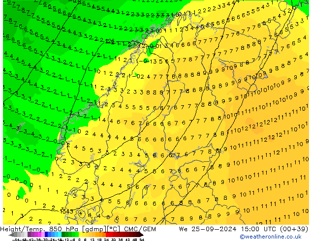 Geop./Temp. 850 hPa CMC/GEM mié 25.09.2024 15 UTC