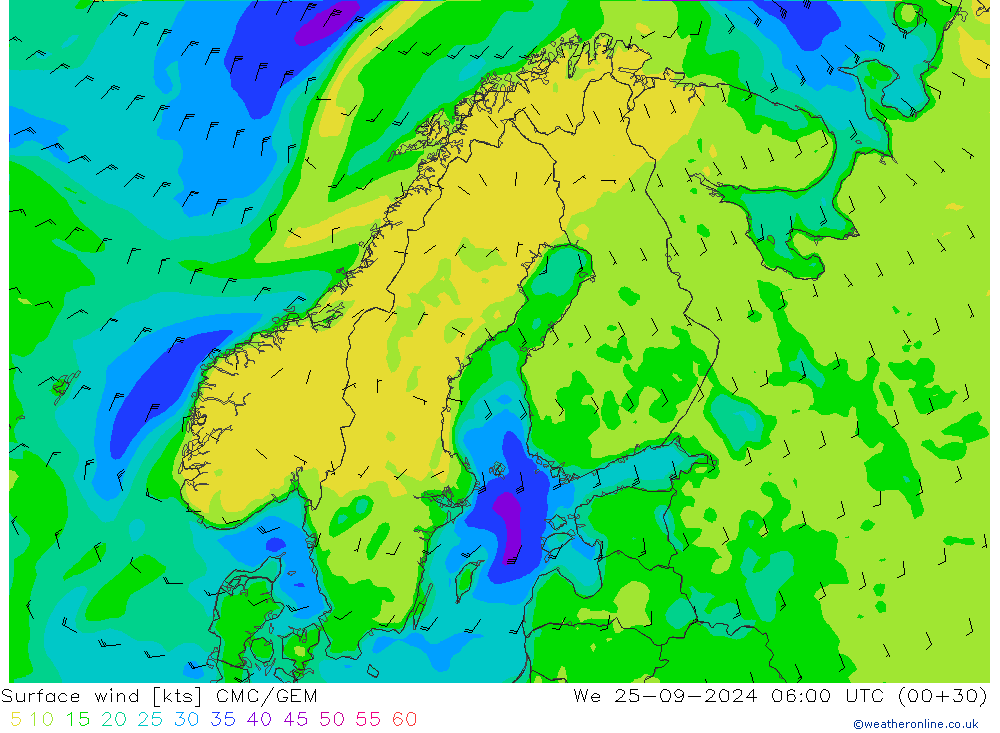 Surface wind CMC/GEM We 25.09.2024 06 UTC