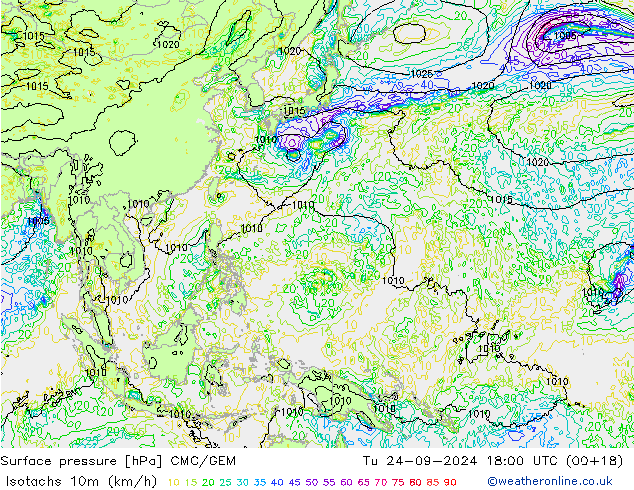 Izotacha (km/godz) CMC/GEM wto. 24.09.2024 18 UTC