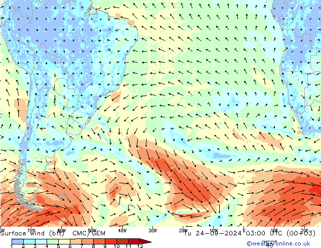 Surface wind (bft) CMC/GEM Út 24.09.2024 03 UTC