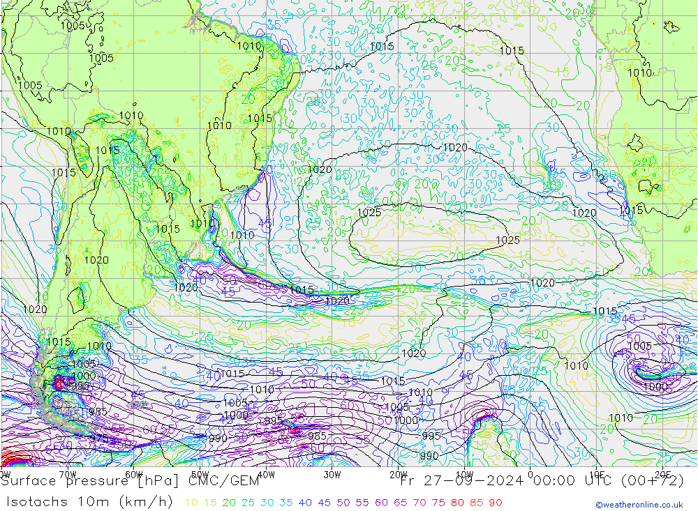 Isotachen (km/h) CMC/GEM Fr 27.09.2024 00 UTC