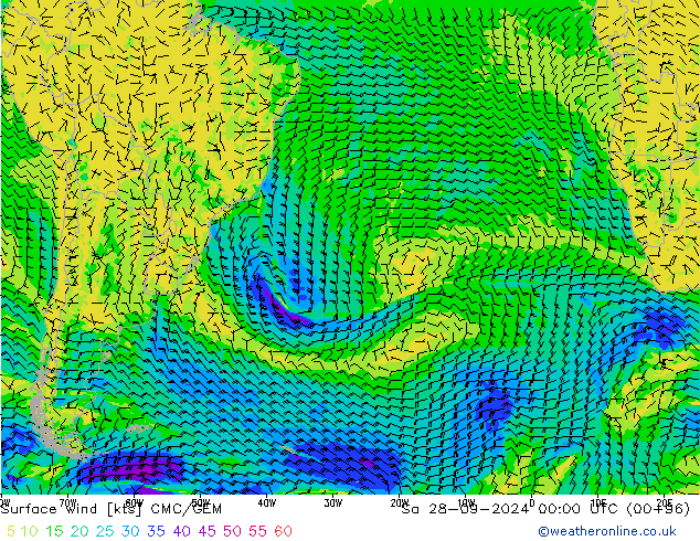 Viento 10 m CMC/GEM sáb 28.09.2024 00 UTC