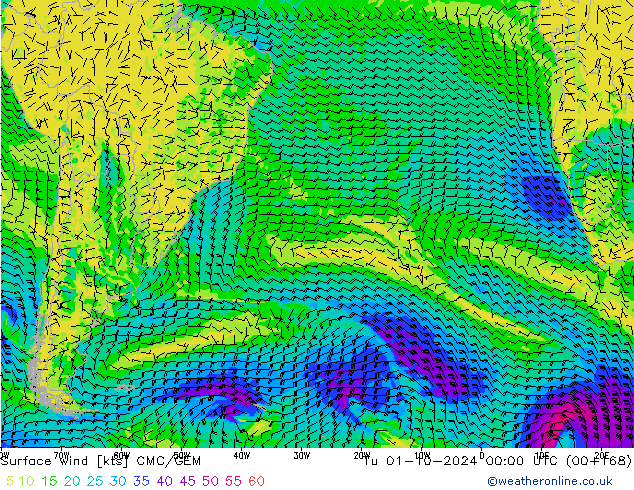 Surface wind CMC/GEM Út 01.10.2024 00 UTC