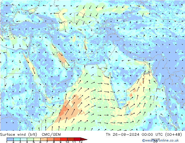 wiatr 10 m (bft) CMC/GEM czw. 26.09.2024 00 UTC