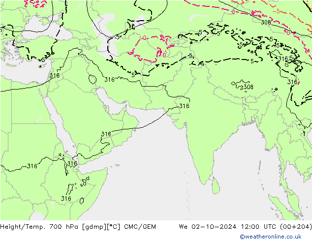 Yükseklik/Sıc. 700 hPa CMC/GEM Çar 02.10.2024 12 UTC