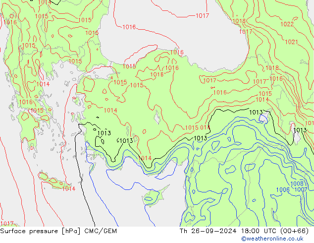 Atmosférický tlak CMC/GEM Čt 26.09.2024 18 UTC