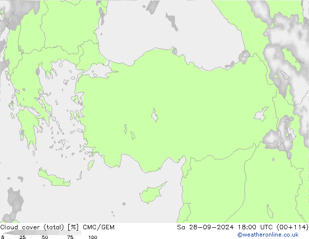 Cloud cover (total) CMC/GEM Sa 28.09.2024 18 UTC