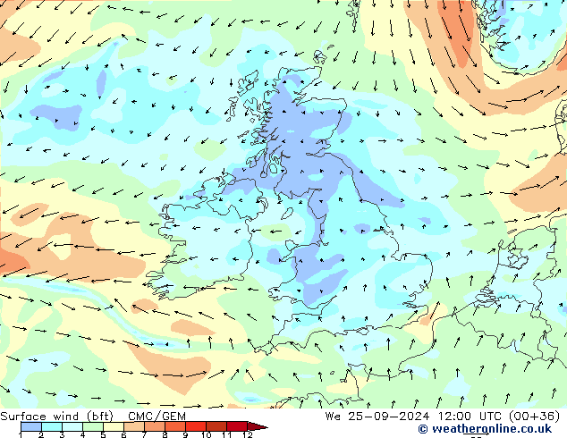 Surface wind (bft) CMC/GEM We 25.09.2024 12 UTC