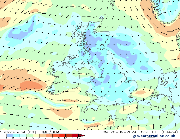 Surface wind (bft) CMC/GEM We 25.09.2024 15 UTC