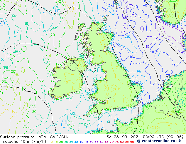 Eşrüzgar Hızları (km/sa) CMC/GEM Cts 28.09.2024 00 UTC