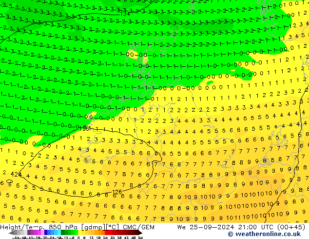 Height/Temp. 850 hPa CMC/GEM We 25.09.2024 21 UTC