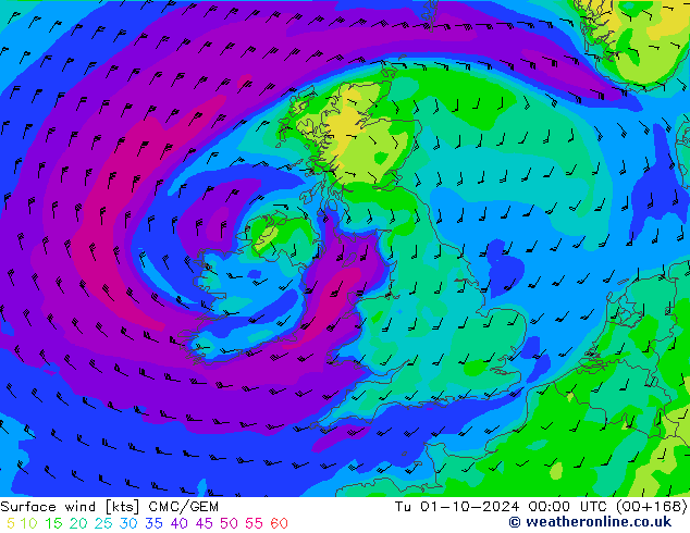 Surface wind CMC/GEM Tu 01.10.2024 00 UTC