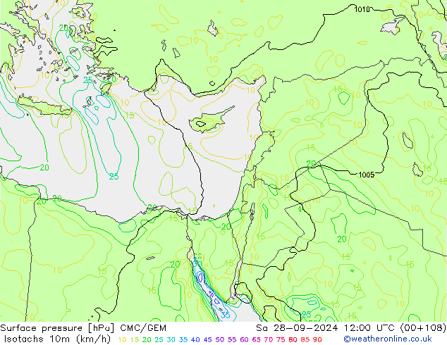 Isotachs (kph) CMC/GEM сб 28.09.2024 12 UTC