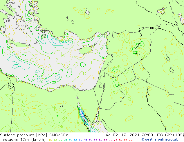 Isotachs (kph) CMC/GEM mer 02.10.2024 00 UTC