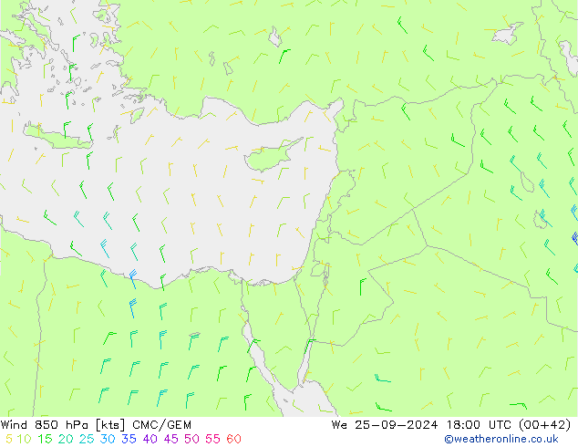 Wind 850 hPa CMC/GEM wo 25.09.2024 18 UTC