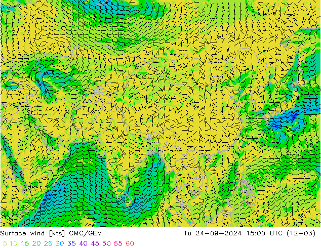 Vento 10 m CMC/GEM mar 24.09.2024 15 UTC