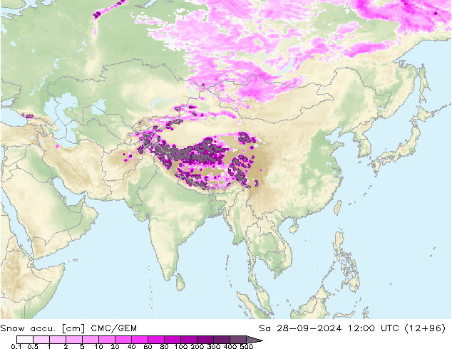 Snow accu. CMC/GEM Sa 28.09.2024 12 UTC