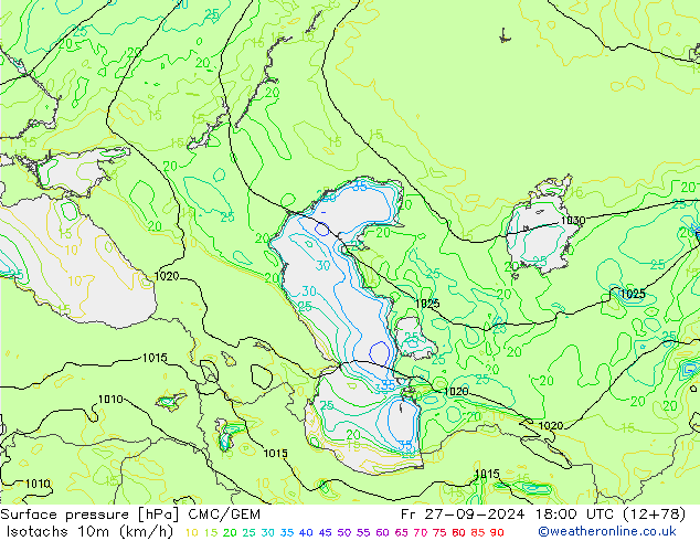 Isotachs (kph) CMC/GEM ven 27.09.2024 18 UTC