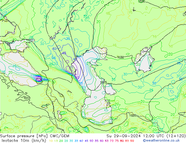 Isotachs (kph) CMC/GEM Su 29.09.2024 12 UTC