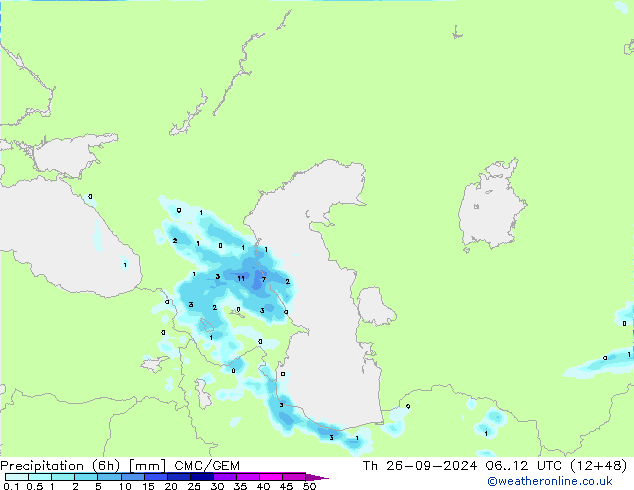 Precipitation (6h) CMC/GEM Čt 26.09.2024 12 UTC