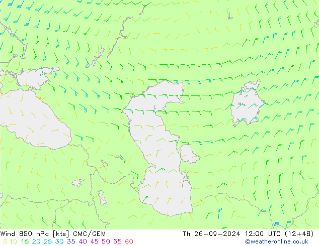 Wind 850 hPa CMC/GEM Čt 26.09.2024 12 UTC