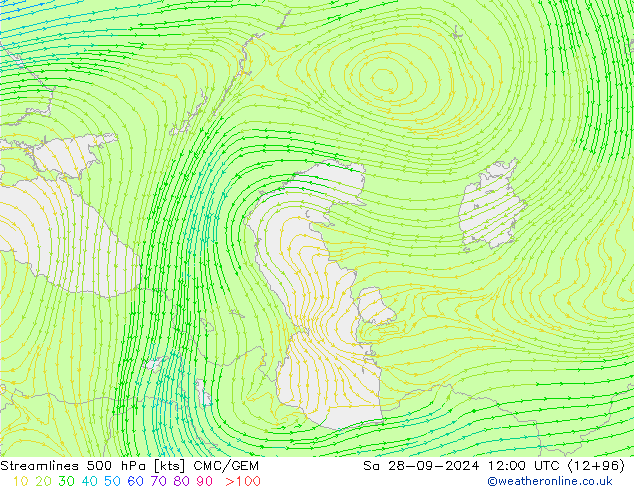 Stroomlijn 500 hPa CMC/GEM za 28.09.2024 12 UTC