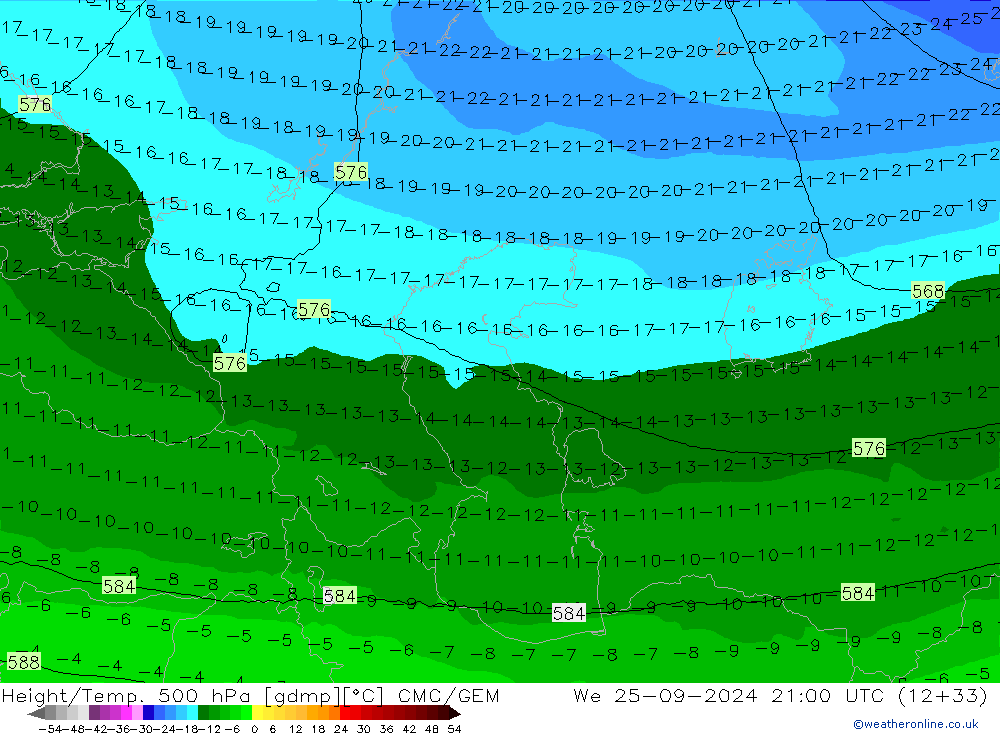 Height/Temp. 500 гПа CMC/GEM ср 25.09.2024 21 UTC